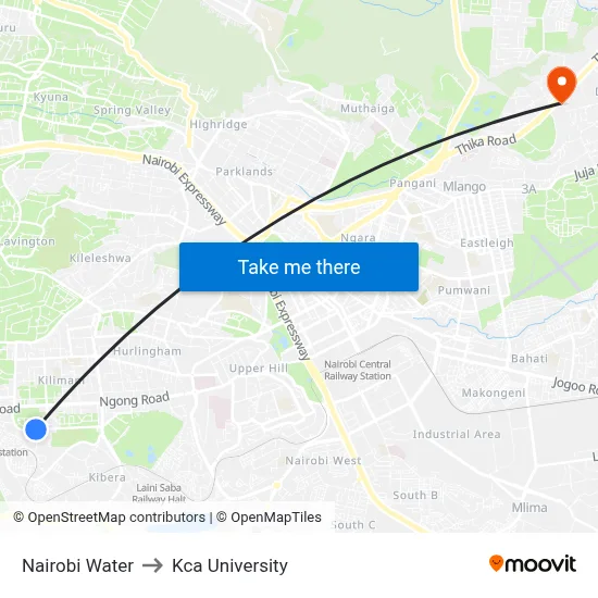 Nairobi Water to Kca University map