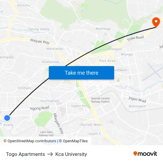 Togo Apartments to Kca University map