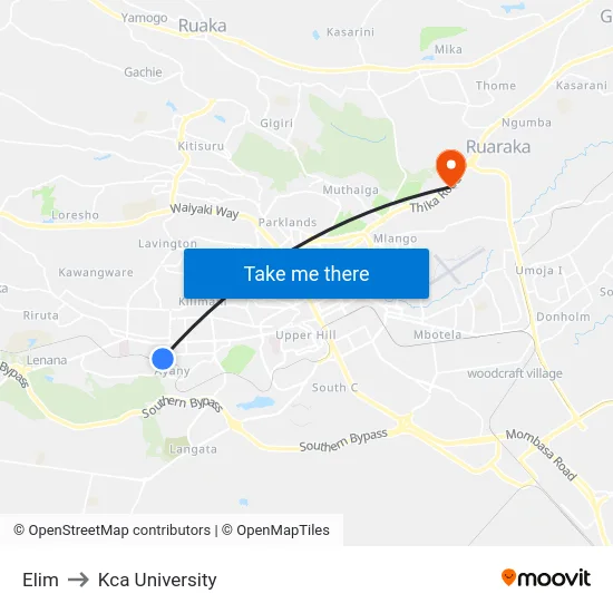 Elim to Kca University map