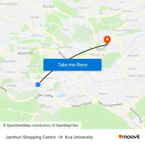 Jamhuri Shopping Centre to Kca University map