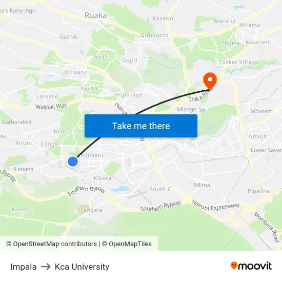 Impala to Kca University map