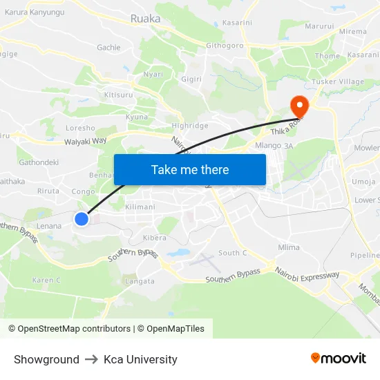 Showground to Kca University map