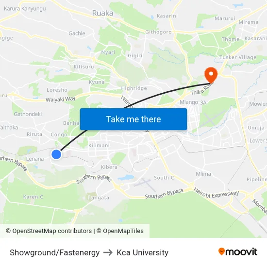 Showground/Fastenergy to Kca University map