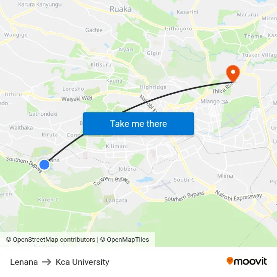 Lenana to Kca University map