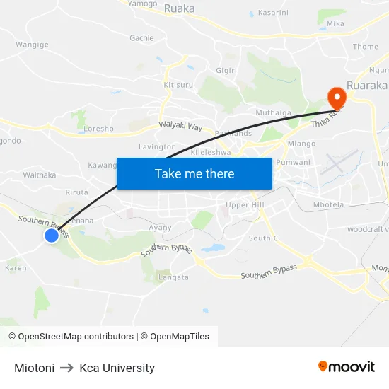 Miotoni to Kca University map