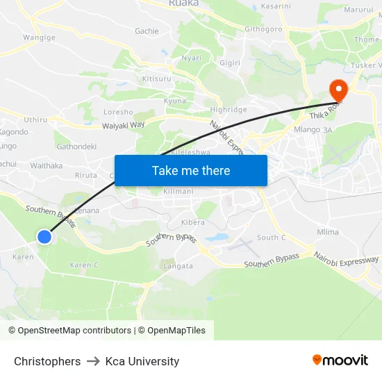 Christophers to Kca University map