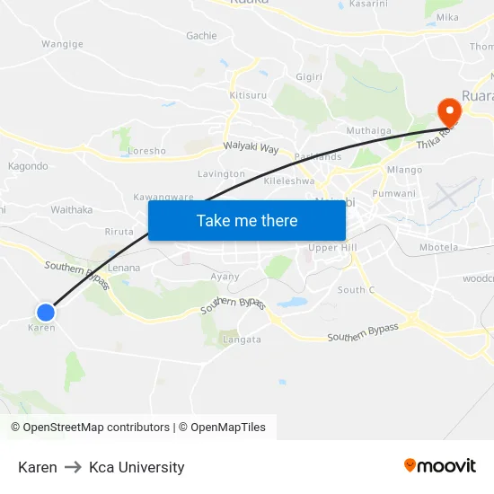 Karen to Kca University map