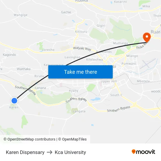 Karen Dispensary to Kca University map