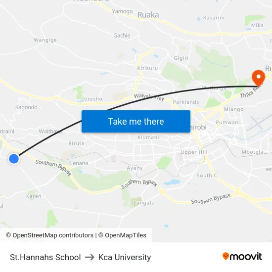 St.Hannahs School to Kca University map