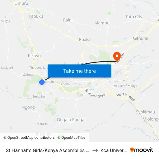 St.Hannah's Girls/Kenya Assemblies Of God to Kca University map