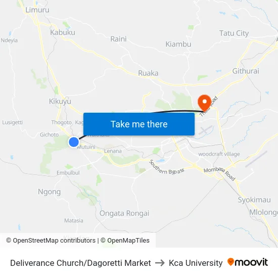 Deliverance Church/Dagoretti Market to Kca University map