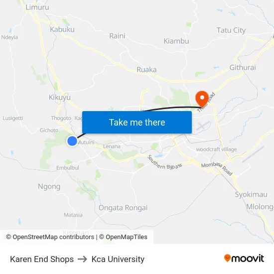 Karen End Shops to Kca University map