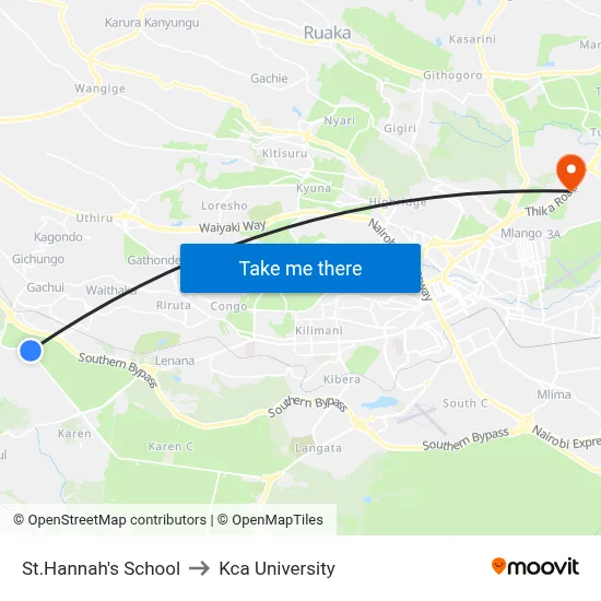 St.Hannah's School to Kca University map