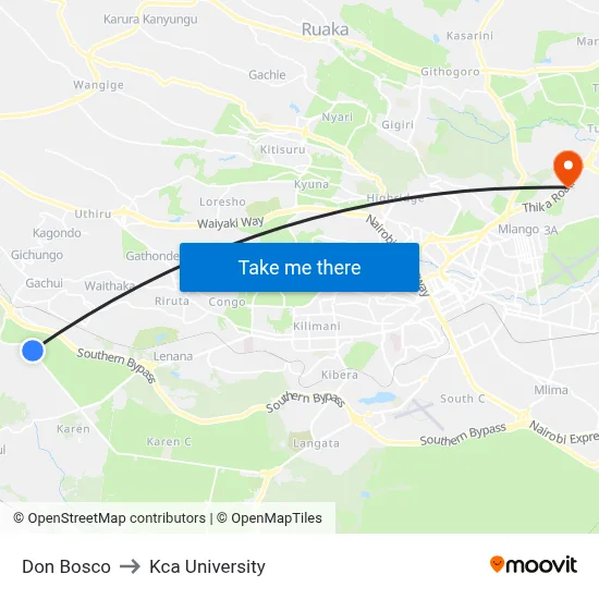 Don Bosco to Kca University map