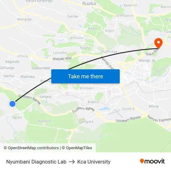Nyumbani Diagnostic Lab to Kca University map