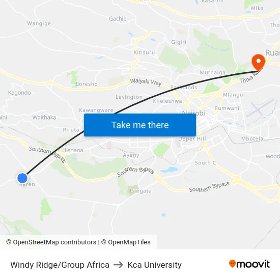Windy Ridge/Group Africa to Kca University map