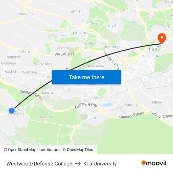 Westwood/Defense College to Kca University map