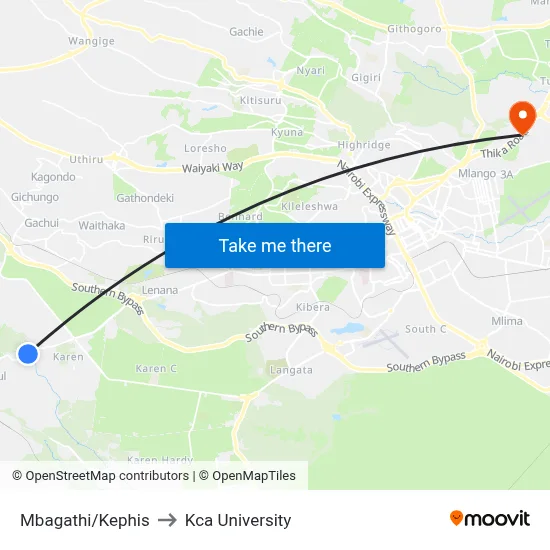 Mbagathi/Kephis to Kca University map