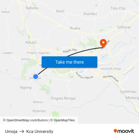 Umoja to Kca University map