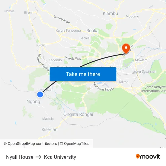 Nyali House to Kca University map