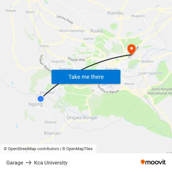 Garage to Kca University map