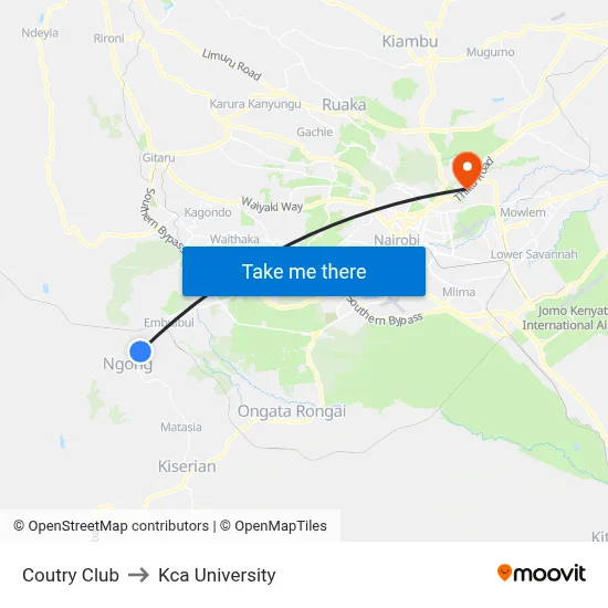 Coutry Club to Kca University map