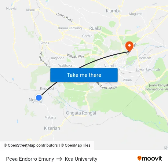 Pcea Endorro Emuny to Kca University map