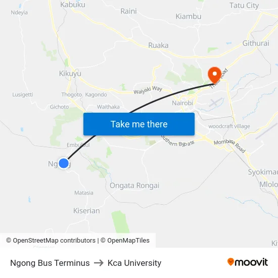 Ngong Bus Terminus to Kca University map