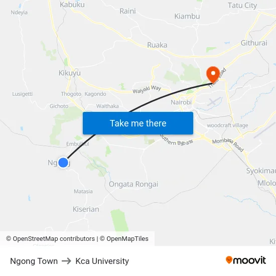 Ngong Town to Kca University map