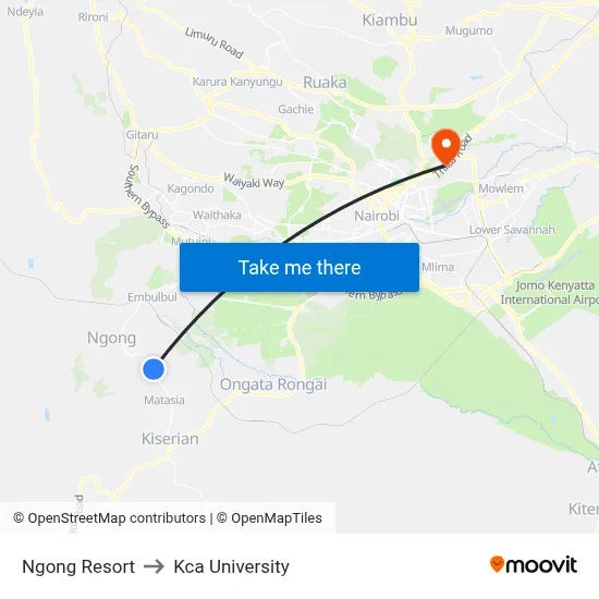 Ngong Resort to Kca University map