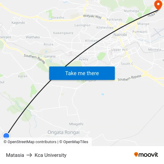 Matasia to Kca University map