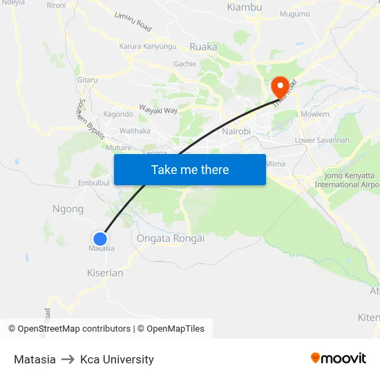 Matasia to Kca University map