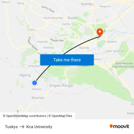 Tuskys to Kca University map