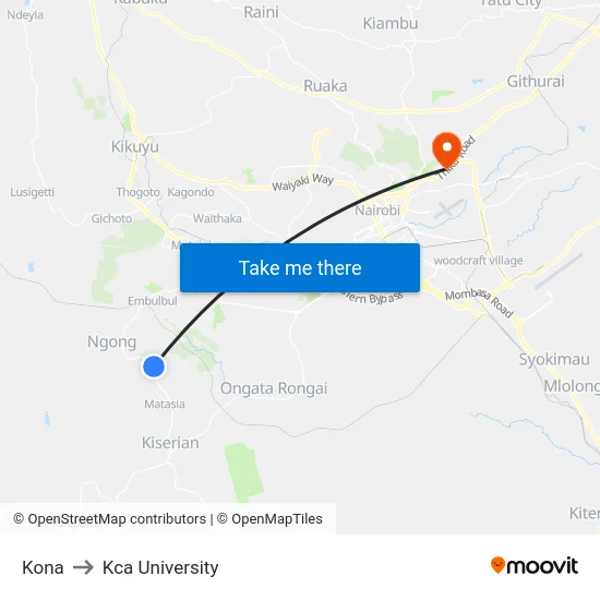 Kona to Kca University map