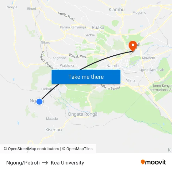 Ngong/Petroh to Kca University map