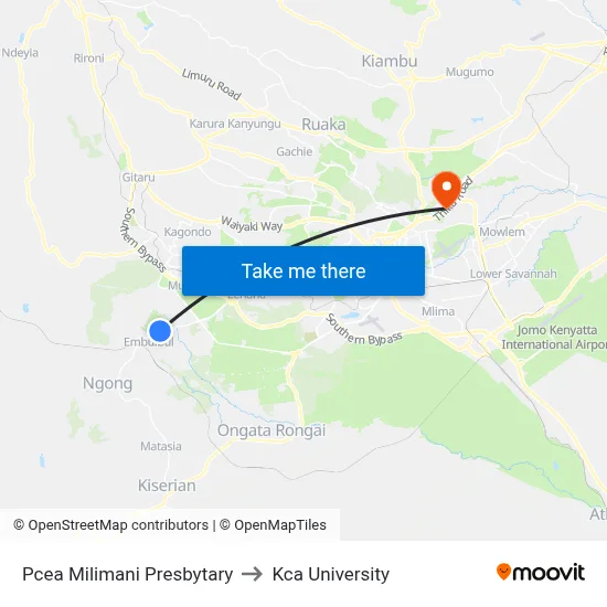 Pcea Milimani Presbytary to Kca University map