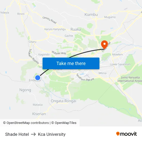 Shade Hotel to Kca University map