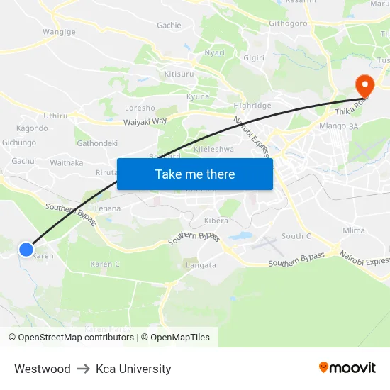 Westwood to Kca University map