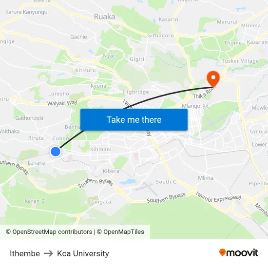 Ithembe to Kca University map