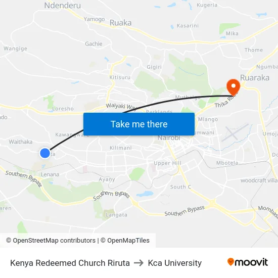 Kenya Redeemed Church Riruta to Kca University map