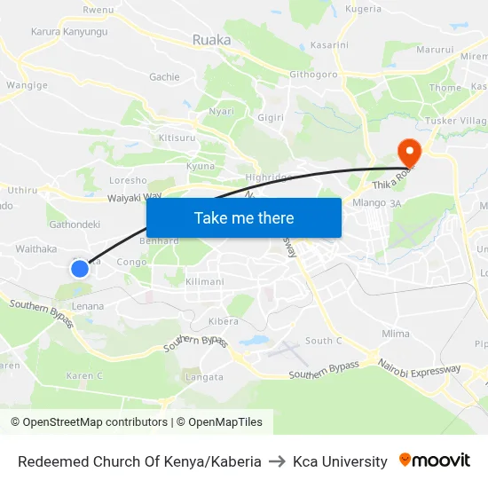 Redeemed Church Of Kenya/Kaberia to Kca University map