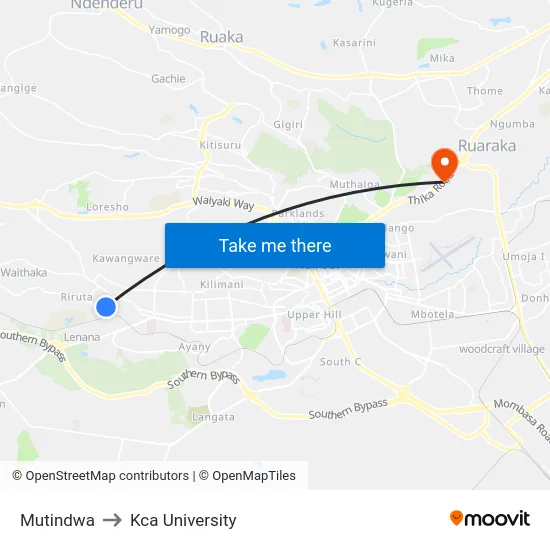Mutindwa to Kca University map