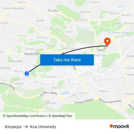 Kinyanjui to Kca University map