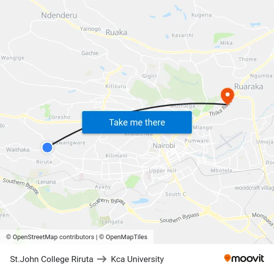 St.John College Riruta to Kca University map