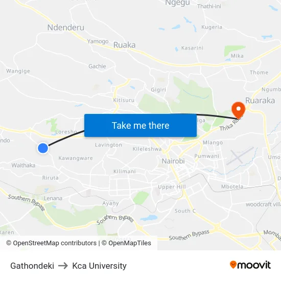 Gathondeki to Kca University map
