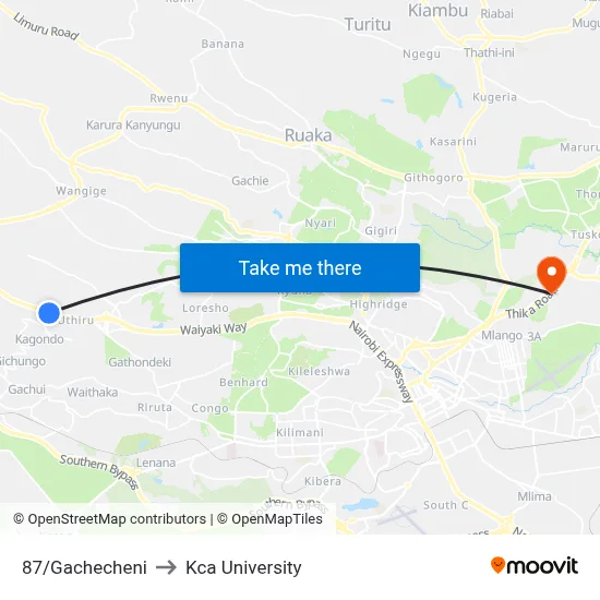 87/Gachecheni to Kca University map