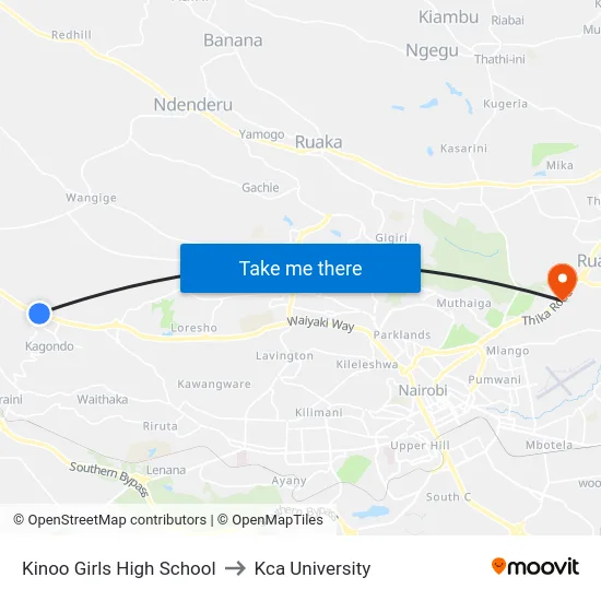 Kinoo Girls High School to Kca University map