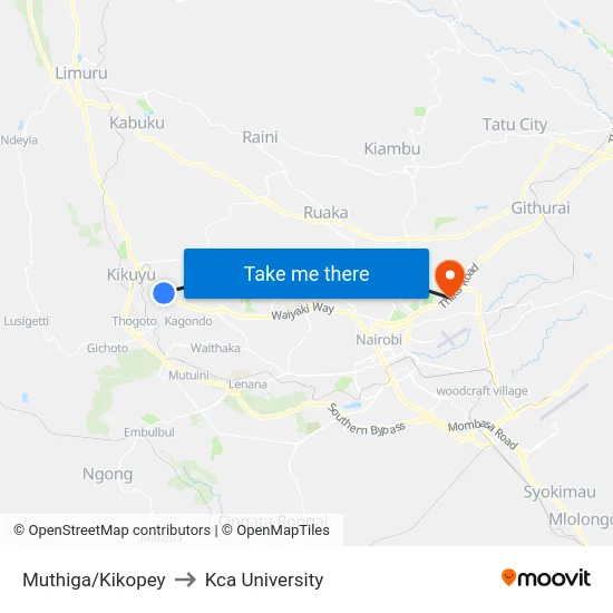 Muthiga/Kikopey to Kca University map
