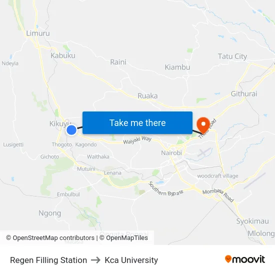 Regen Filling Station to Kca University map