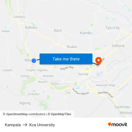 Kampala to Kca University map